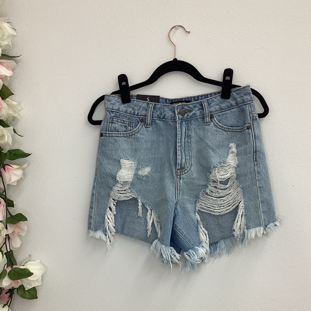 7072 raw fringe distressed light blue PB jean shorts